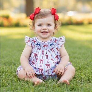 Hand Smocked Fourth of July Bow & Hat Girls One Piece Bubble